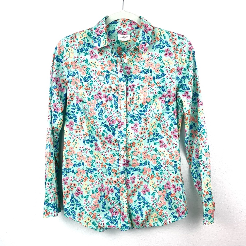 J. Crew 100% Cotton “Re-Imagined” Mint Multi Floral Long Sleeve Top, Size XS